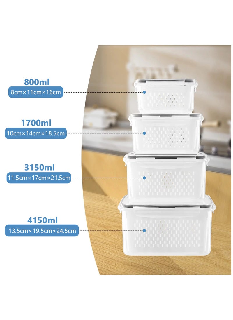 4Pcs Food Storage, Fridge Storage Organizer with Removable Draining Colanders and Lid, Leakproof Fridge Organizer for Fruit, Vegetables, Salad, Berry, Lettuce and Meat Keeper Fresh