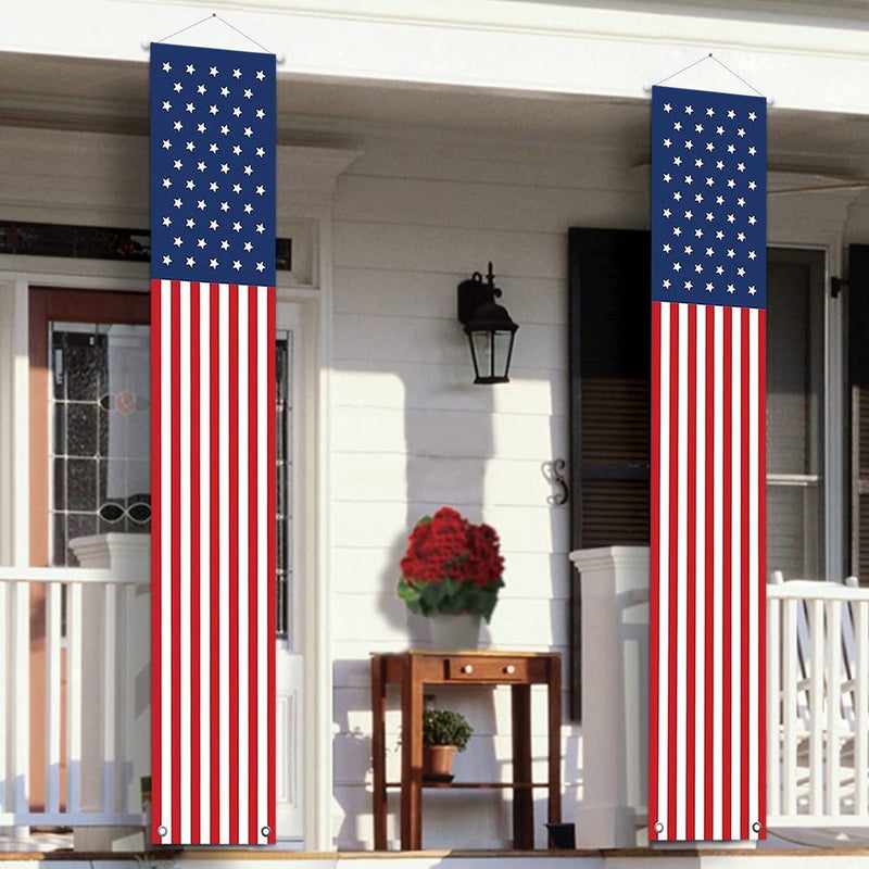 ORIENTAL CHERRY 4th of July Decorations Outdoor - Hanging American Flag Banners Stars and Stripes Porch Sign -Patriotic Memorial Day Decor Party Supplies for July Fourth Independence Labor - Red White Blue (2 Pcs) - Image 1