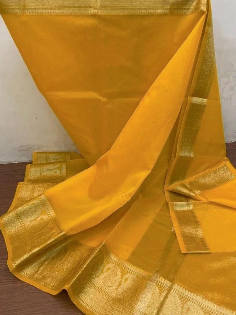 SIRIL Women's Zari Patta Organza Saree with Unstitched Blouse Piece (3276S252_Turmeric Yellow) - Image 2