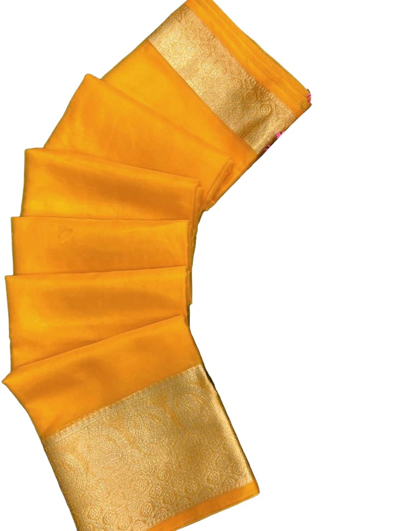 SIRIL Women's Zari Patta Organza Saree with Unstitched Blouse Piece (3276S252_Turmeric Yellow) - Image 5