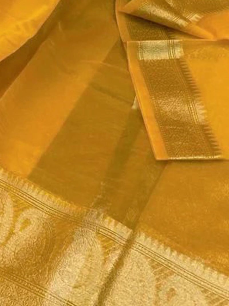 SIRIL Women's Zari Patta Organza Saree with Unstitched Blouse Piece (3276S252_Turmeric Yellow) - Image 3