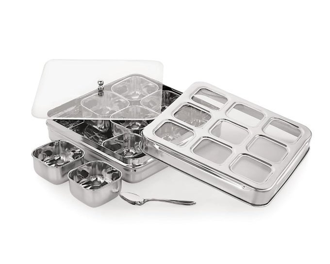 PREMIUM SQUARE SEE THROUGH 9IN1 STAINLESS STEEL MASALA DABBA SPICE BOX ORGANISER FOR KITCHEN WITH SEETHROUGH LID AND 9 CONTAINERS WITH SPOON SIZE 23X23X6 CM SPICE BOX