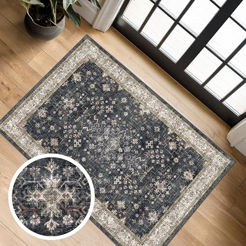 Hazo Haus Black Washable Entry Rug, 2x3 Small Rugs for Entryway Kitchen Bathroom Door Mat Indoor Entrance, Non Slip Rubber Backing, Stain & Fade Resistant, Ashen Charcoal Floral Farmhouse Decor - Image 1