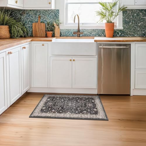 Hazo Haus Black Washable Entry Rug, 2x3 Small Rugs for Entryway Kitchen Bathroom Door Mat Indoor Entrance, Non Slip Rubber Backing, Stain & Fade Resistant, Ashen Charcoal Floral Farmhouse Decor - Image 3