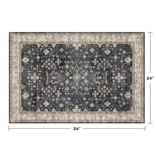 Hazo Haus Black Washable Entry Rug, 2x3 Small Rugs for Entryway Kitchen Bathroom Door Mat Indoor Entrance, Non Slip Rubber Backing, Stain & Fade Resistant, Ashen Charcoal Floral Farmhouse Decor - Image 2