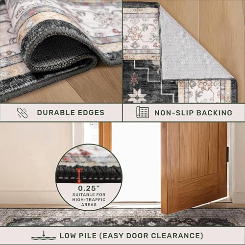 Hazo Haus Black Washable Entry Rug, 2x3 Small Rugs for Entryway Kitchen Bathroom Door Mat Indoor Entrance, Non Slip Rubber Backing, Stain & Fade Resistant, Ashen Charcoal Floral Farmhouse Decor - Image 4