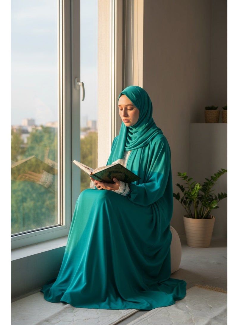 KESSAA Larin Women’s Premium Prayer Isdal – Luxury Silk-Cotton Full-Coverage Salah Dress with Integrated Head Scarf | Lightweight, Breathable, Modest Wear for Home, Travel & Mosque - Turquoise - Image 2