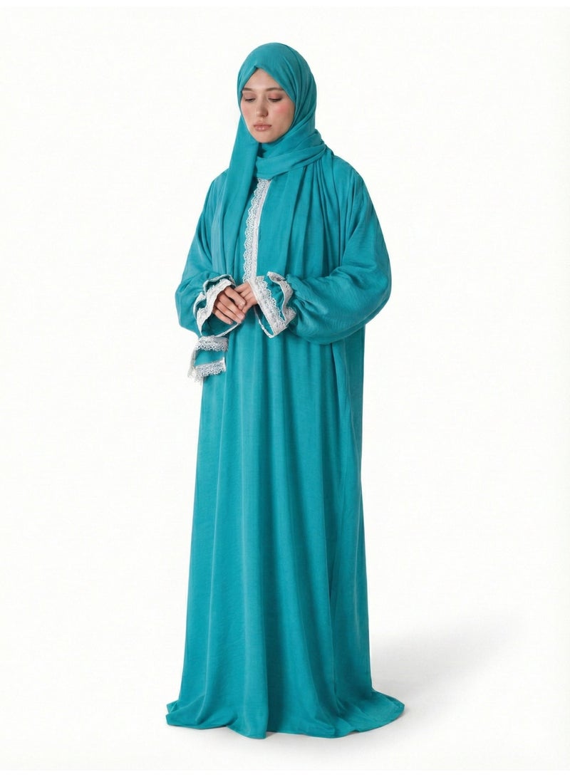 KESSAA Larin Women’s Premium Prayer Isdal – Luxury Silk-Cotton Full-Coverage Salah Dress with Integrated Head Scarf | Lightweight, Breathable, Modest Wear for Home, Travel & Mosque - Turquoise - Image 1