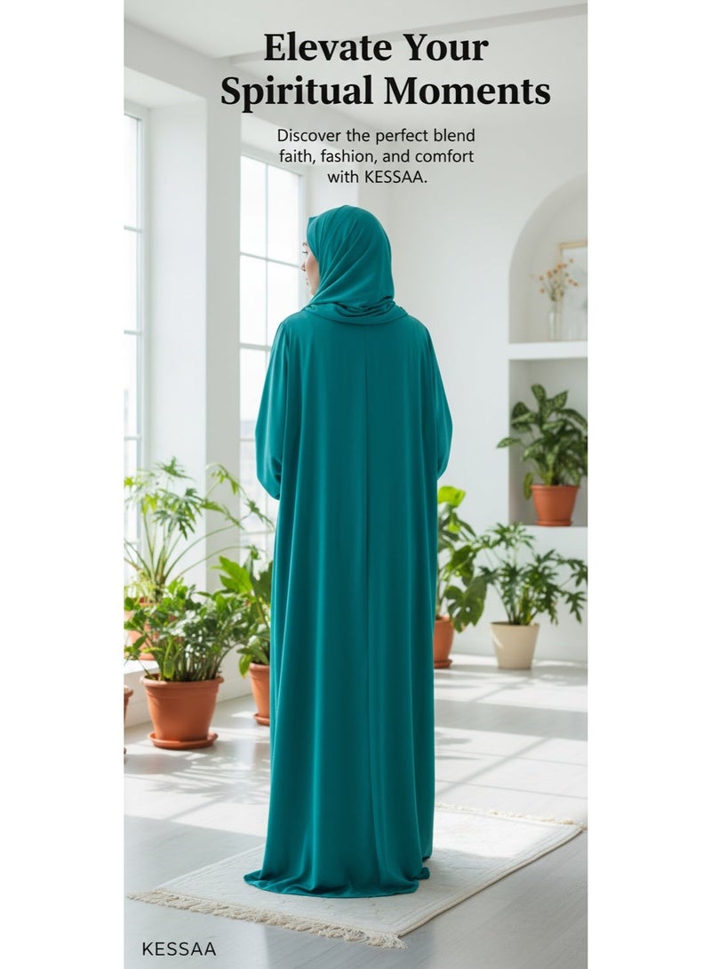 KESSAA Larin Women’s Premium Prayer Isdal – Luxury Silk-Cotton Full-Coverage Salah Dress with Integrated Head Scarf | Lightweight, Breathable, Modest Wear for Home, Travel & Mosque - Turquoise - Image 3