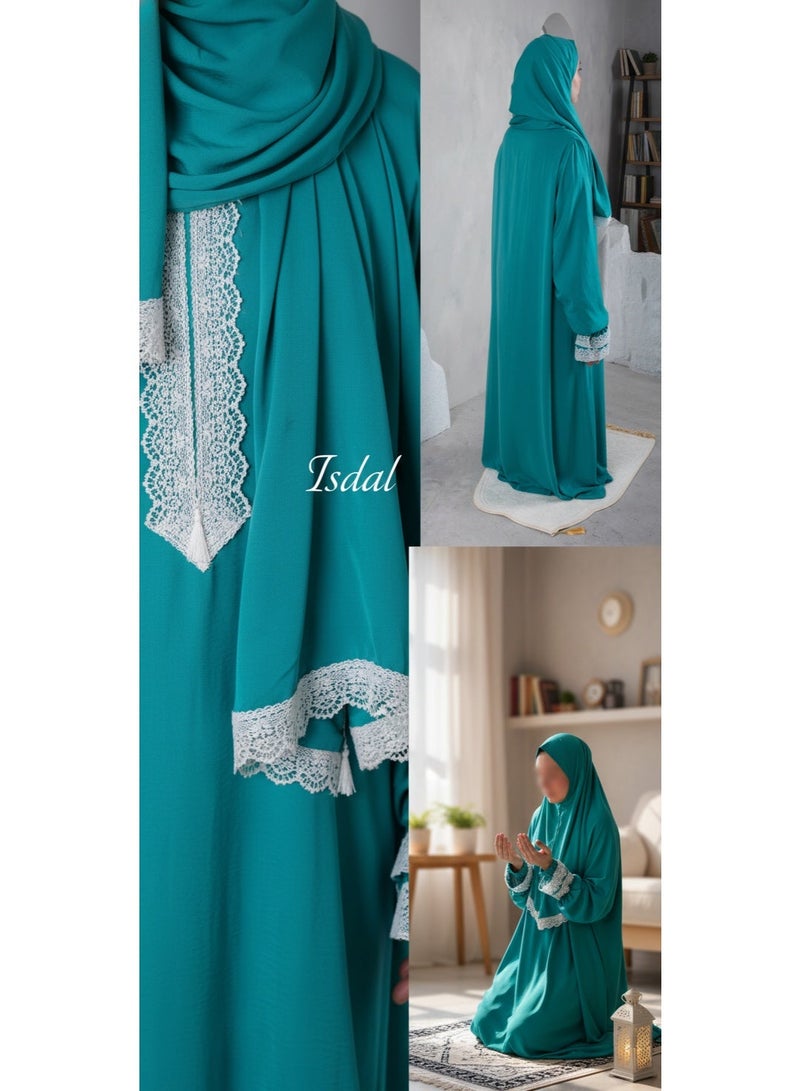 KESSAA Larin Women’s Premium Prayer Isdal – Luxury Silk-Cotton Full-Coverage Salah Dress with Integrated Head Scarf | Lightweight, Breathable, Modest Wear for Home, Travel & Mosque - Turquoise - Image 5