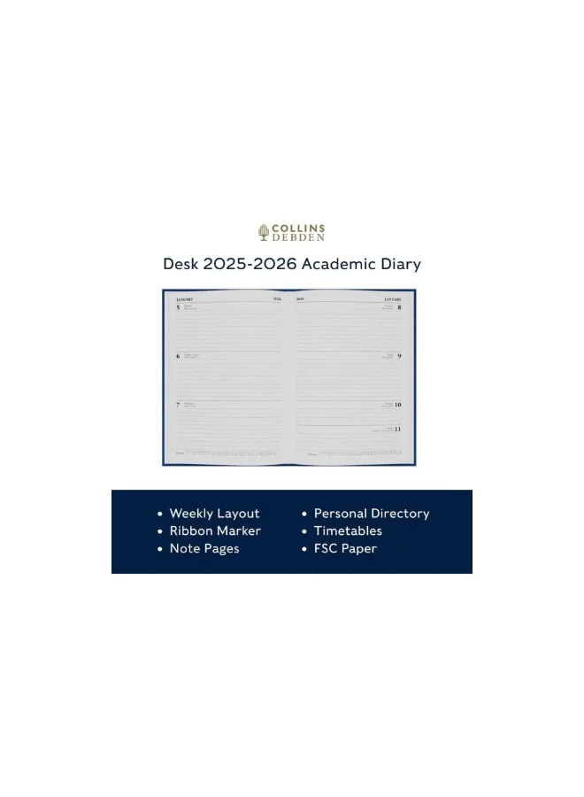 Collins Collins Desk 12 Month Mid/Academic Year Planner, July 2025-July 2026-Week-to-View Appointments Diary, A4 Hard Cover, Black