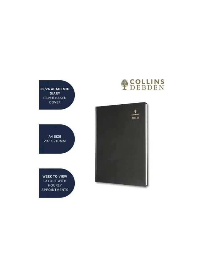 Collins Collins Desk 12 Month Mid/Academic Year Planner, July 2025-July 2026-Week-to-View Appointments Diary, A4 Hard Cover, Black