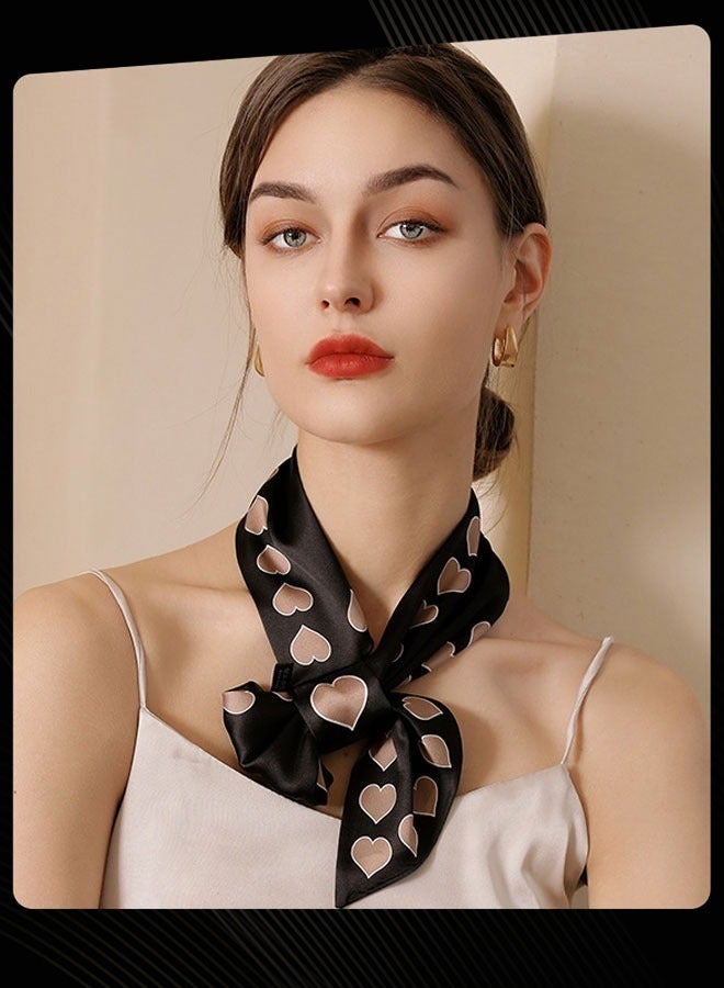 آي إس آي وشاح نسائي صيفي صغير مربع للحماية من الشمس، وشاح حريري مزخرف بطبعة أذن الحب بحافة ملفوفة، أسود - Image 1