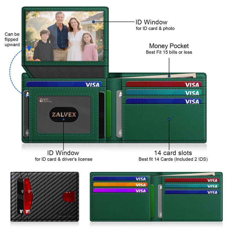 ZALVEX Wallet for Men Slim RFID Blocking Leather Credit Card Holder Wallet for 14 Cards, Bifold Minimalist Thin Wallet with 2 ID Windows & Cash Slot, Front Pockt Carteras Para Hombres, Birthday Gifts for Men - Image 2