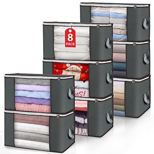 Budding Joy Large Storage Bags, 8 Pack Clothes Storage Bins Foldable Closet Organizers Storage Containers with Durable Handles Thick Fabric for Blanket Comforter Clothing Bedding 90 L (Gray) - Image 1