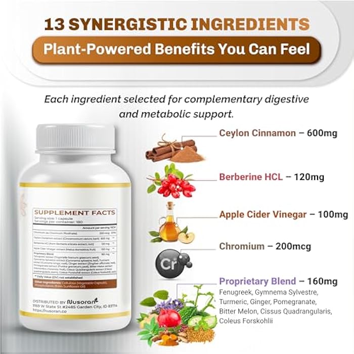 NUSORAN Ultra Ceylon Cinnamon - 13-in-1 with Berberine, Apple Cider Vinegar, Turmeric, Bitter Melon - Max Absorption - 180 Capsules - Non-GMO, Gluten-Free, Lab Tested - Image 3
