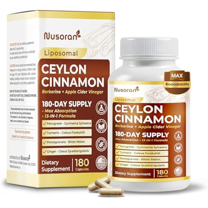 NUSORAN Ultra Ceylon Cinnamon - 13-in-1 with Berberine, Apple Cider Vinegar, Turmeric, Bitter Melon - Max Absorption - 180 Capsules - Non-GMO, Gluten-Free, Lab Tested - Image 1