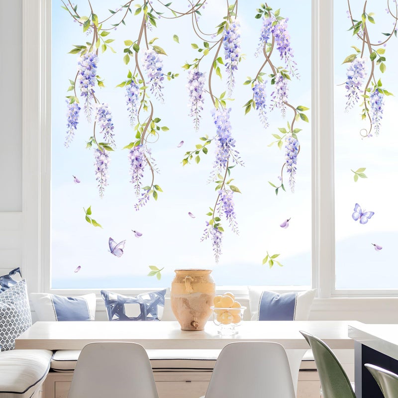 Supzone Purple Flower Wall Decals, Hanging Wisteria Floral Green Leaves Boho Spring Summer Wall Stickers Art Decor for Living Room Bedroom Office Nursery Classroom Gifts for Mom - Image 2