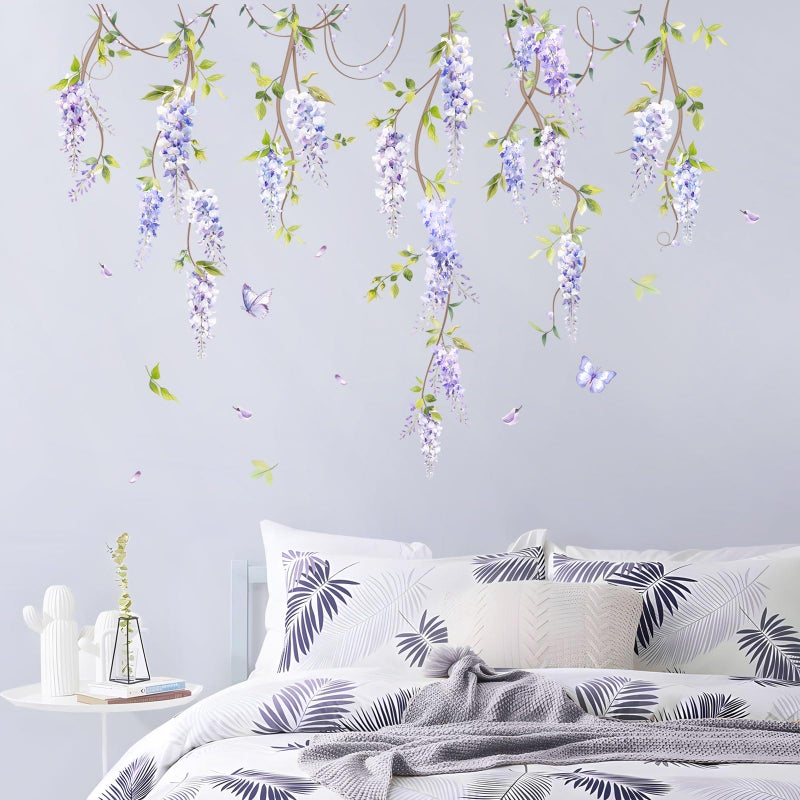 Supzone Purple Flower Wall Decals, Hanging Wisteria Floral Green Leaves Boho Spring Summer Wall Stickers Art Decor for Living Room Bedroom Office Nursery Classroom Gifts for Mom - Image 3