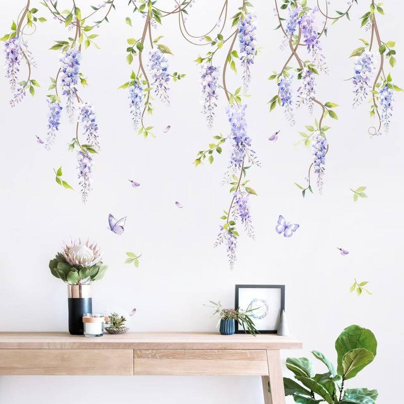 Supzone Purple Flower Wall Decals, Hanging Wisteria Floral Green Leaves Boho Spring Summer Wall Stickers Art Decor for Living Room Bedroom Office Nursery Classroom Gifts for Mom - Image 1