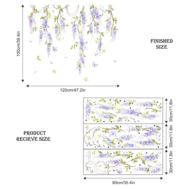 Supzone Purple Flower Wall Decals, Hanging Wisteria Floral Green Leaves Boho Spring Summer Wall Stickers Art Decor for Living Room Bedroom Office Nursery Classroom Gifts for Mom - Image 5