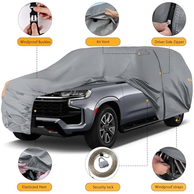 rayihni Waterproof Car Cover Compatible with 1973-2025 Chevy Suburban/Cadillac Escalade ESV/GMC Yukon XL, 10 Layers All Weather Car Covers with Inner Cotton and Zipper Door for Snow Rain Protection - Image 3