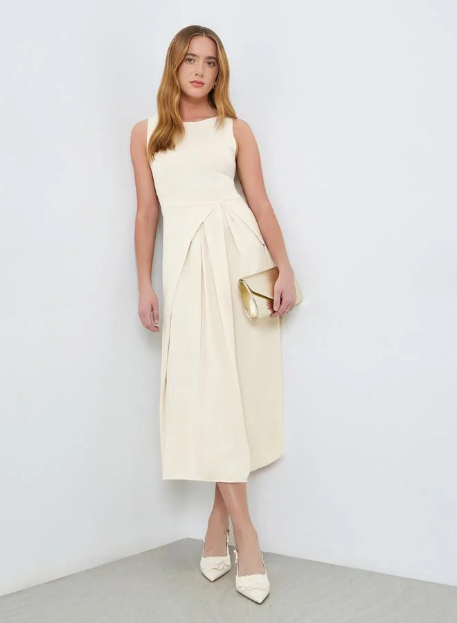 Take Two Cream Sleeveless Midi Dress with Fold Pleat
