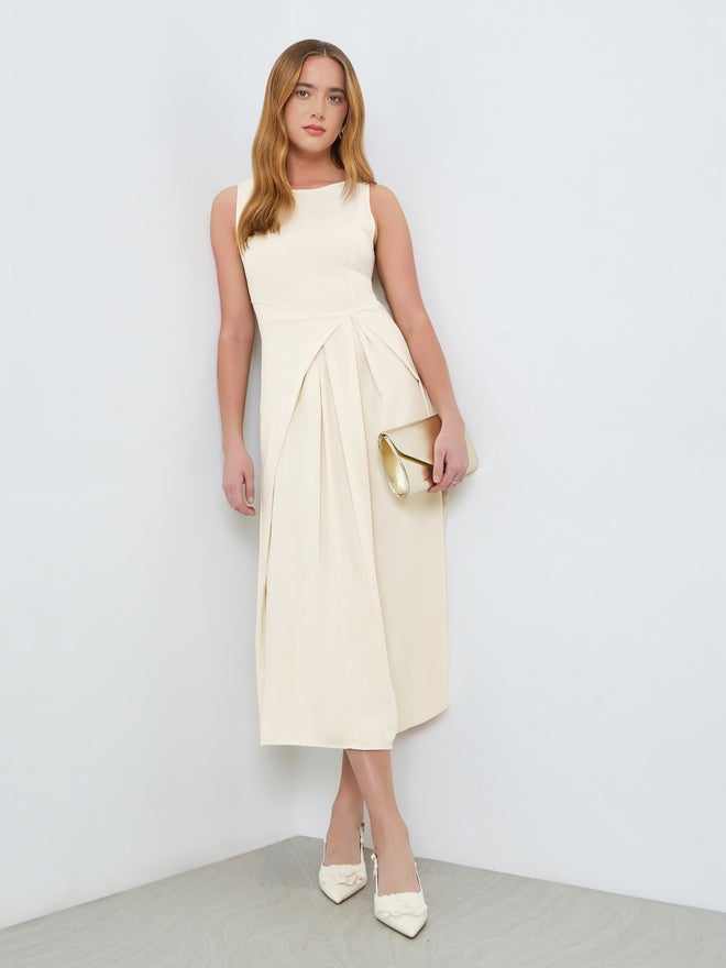 Take Two Cream Sleeveless Midi Dress with Fold Pleat - Image 1