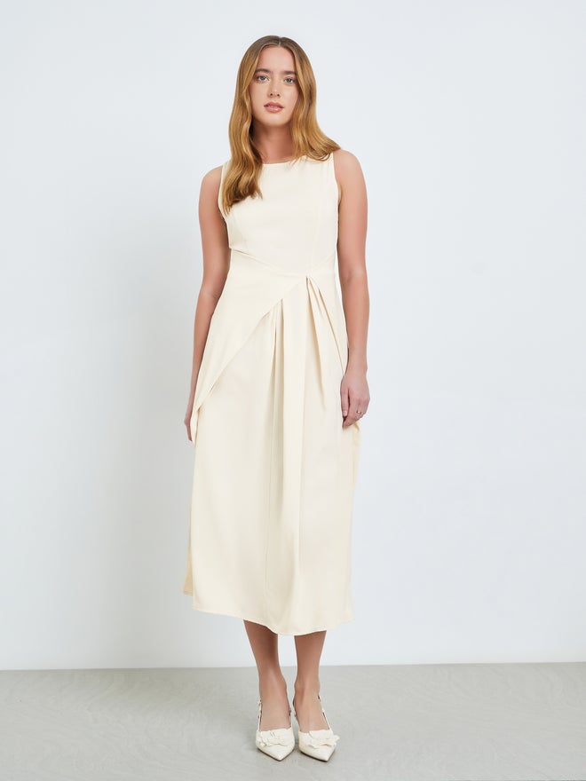 Take Two Cream Sleeveless Midi Dress with Fold Pleat - Image 3