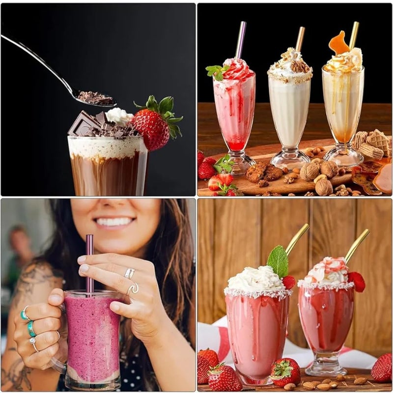 6 Pieces 2 in 1 Stainless Steel Drinking Spoons with 1 Cleaning Brush | Reusable Long Handle Straw Spoon | Iced Tea Spoons for Milkshakes Drinks (Gold) - Image 5