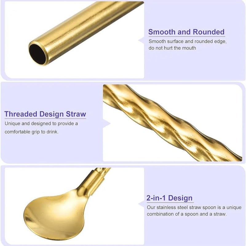 6 Pieces 2 in 1 Stainless Steel Drinking Spoons with 1 Cleaning Brush | Reusable Long Handle Straw Spoon | Iced Tea Spoons for Milkshakes Drinks (Gold) - Image 2