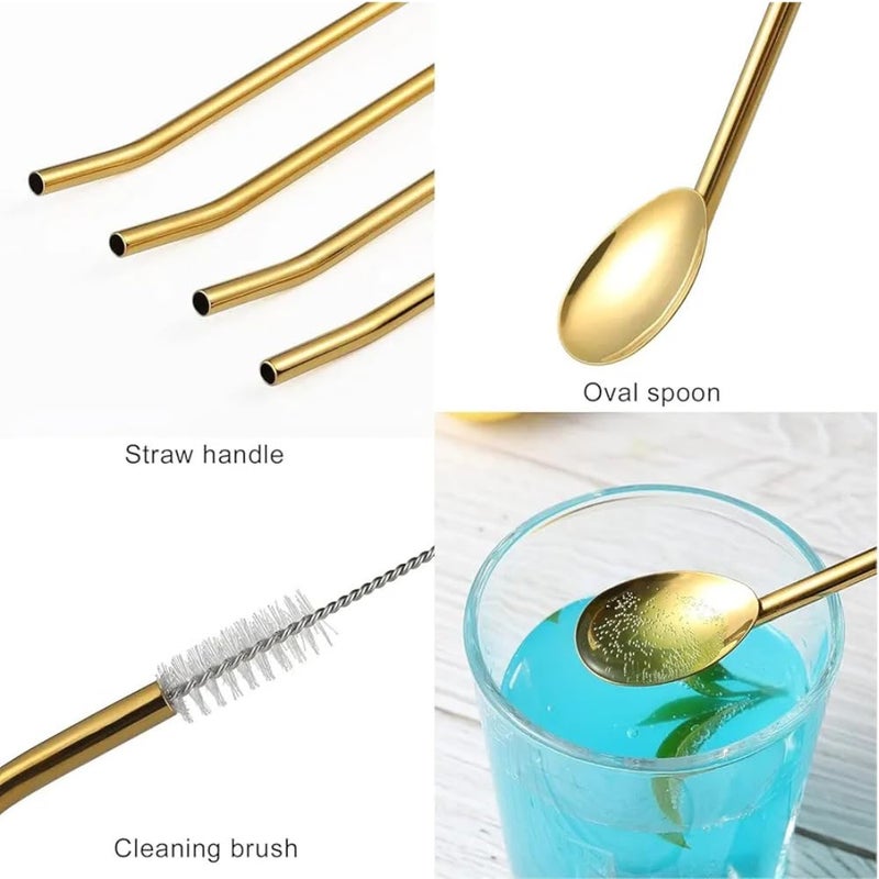 6 Pieces 2 in 1 Stainless Steel Drinking Spoons with 1 Cleaning Brush | Reusable Long Handle Straw Spoon | Iced Tea Spoons for Milkshakes Drinks (Gold) - Image 3