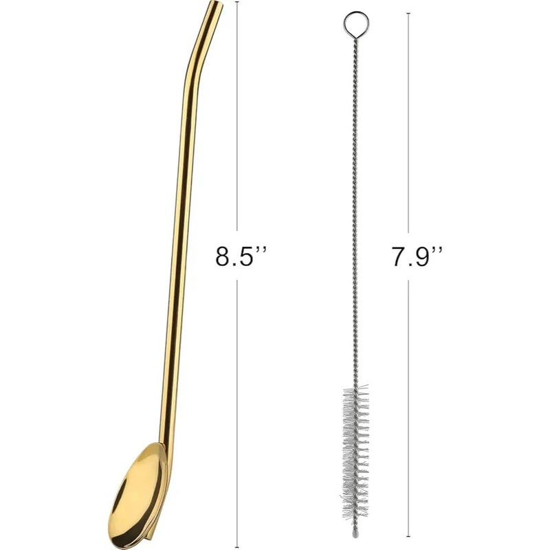 6 Pieces 2 in 1 Stainless Steel Drinking Spoons with 1 Cleaning Brush | Reusable Long Handle Straw Spoon | Iced Tea Spoons for Milkshakes Drinks (Gold) - Image 4