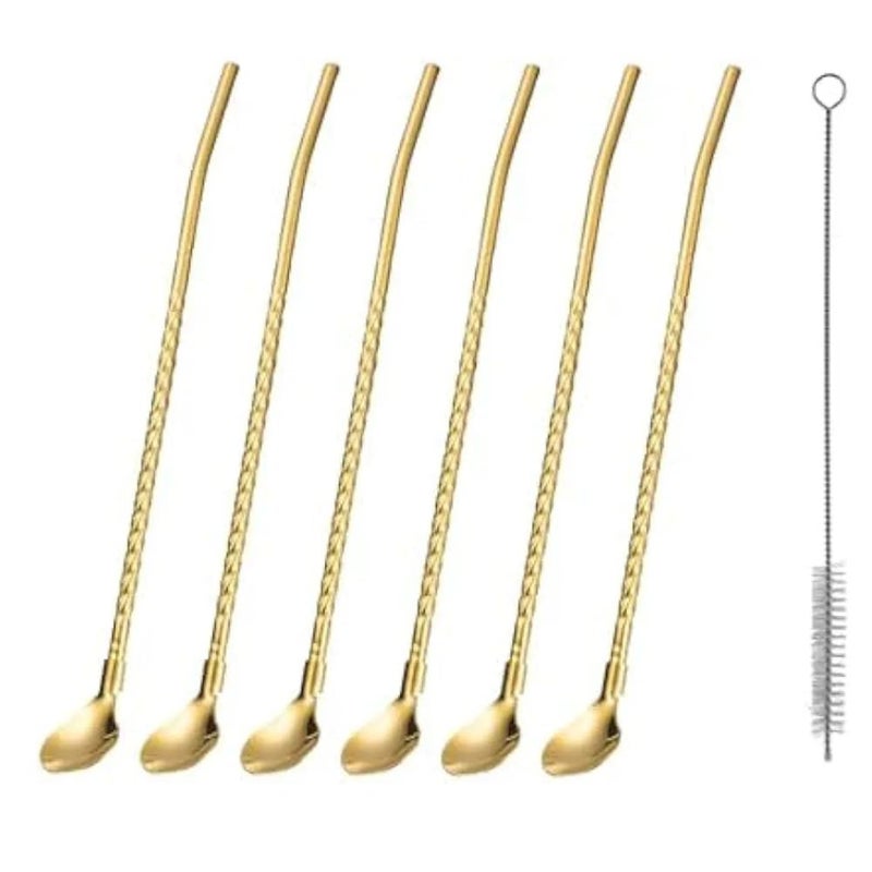6 Pieces 2 in 1 Stainless Steel Drinking Spoons with 1 Cleaning Brush | Reusable Long Handle Straw Spoon | Iced Tea Spoons for Milkshakes Drinks (Gold) - Image 1