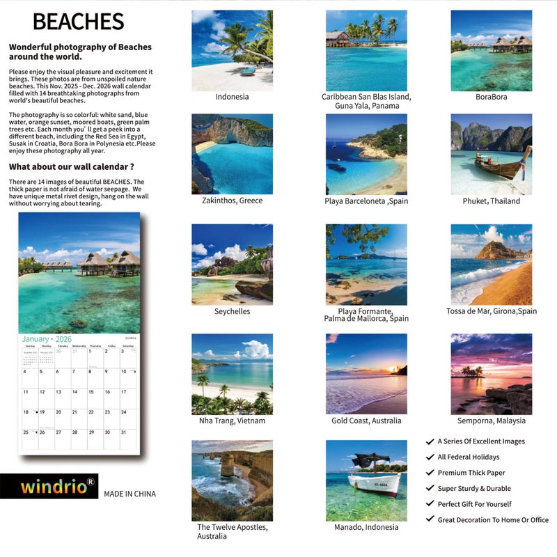 windrio 2026 Wall Calendar,Calendar 2026, January 2026 - June 2027, Wall Calendar BEACHES, 12" x 24" Opened,Full Page Months Thick & Sturdy Paper for Calendar Organizing & Planning - Image 2