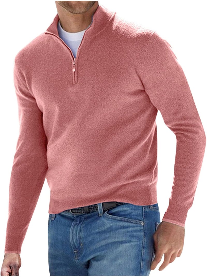 woobles Men's Autumn Winter Solid Sweater Fashion Wool Sweater Stand Up Collar Quarter Zipper Long Sleeved Knitted Pullovers 4X-Large Pink - Image 3