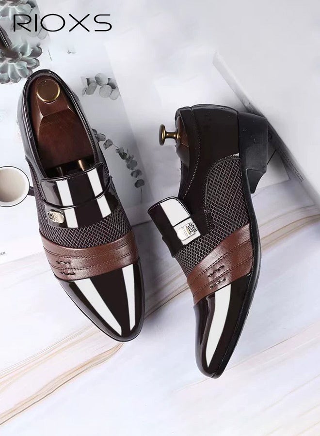 RIOXS Men's Patent Leather Dress Shoes, Classic Low-Top Pointed-Toe Business Oxfords, Slip-Resistant Duable Shoes with Metal Accents, PU Leather with a Glossy Finish—Breathable, Comfortable, and Easy to Clean, Perfect for Daily Office Wear and Evening Events, All-Day Comfort, Modern Retro Style, Brown - Image 1