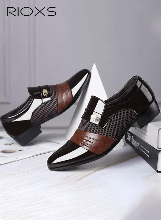 RIOXS Men's Patent Leather Dress Shoes, Classic Low-Top Pointed-Toe Business Oxfords, Slip-Resistant Duable Shoes with Metal Accents, PU Leather with a Glossy Finish—Breathable, Comfortable, and Easy to Clean, Perfect for Daily Office Wear and Evening Events, All-Day Comfort, Modern Retro Style, Brown - Image 5