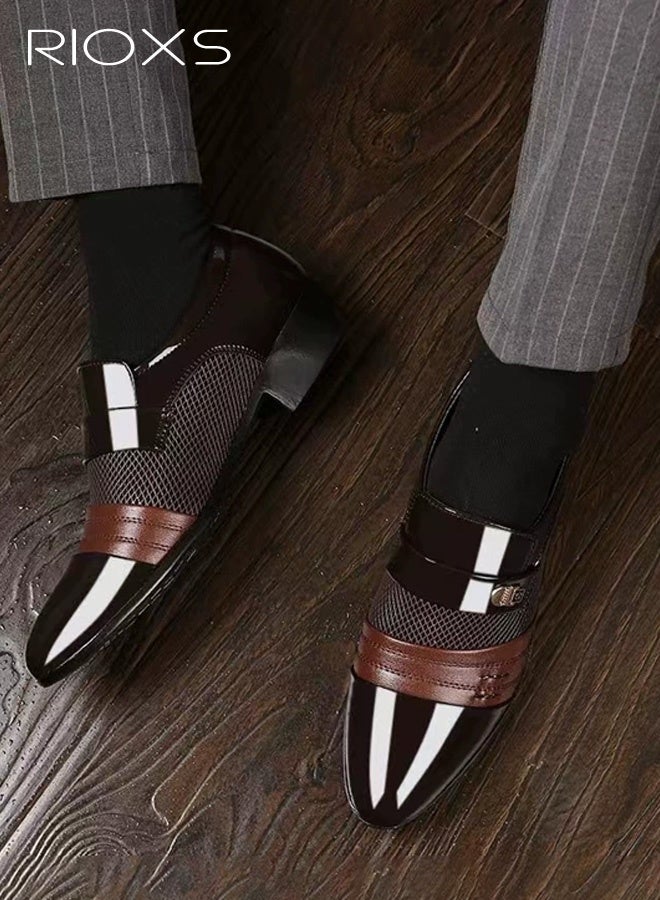 RIOXS Men's Patent Leather Dress Shoes, Classic Low-Top Pointed-Toe Business Oxfords, Slip-Resistant Duable Shoes with Metal Accents, PU Leather with a Glossy Finish—Breathable, Comfortable, and Easy to Clean, Perfect for Daily Office Wear and Evening Events, All-Day Comfort, Modern Retro Style, Brown - Image 2