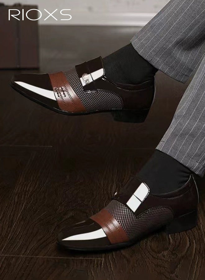 RIOXS Men's Patent Leather Dress Shoes, Classic Low-Top Pointed-Toe Business Oxfords, Slip-Resistant Duable Shoes with Metal Accents, PU Leather with a Glossy Finish—Breathable, Comfortable, and Easy to Clean, Perfect for Daily Office Wear and Evening Events, All-Day Comfort, Modern Retro Style, Brown - Image 3