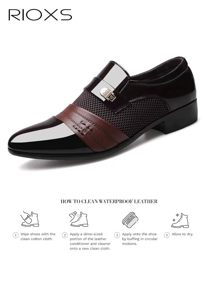 RIOXS Men's Patent Leather Dress Shoes, Classic Low-Top Pointed-Toe Business Oxfords, Slip-Resistant Duable Shoes with Metal Accents, PU Leather with a Glossy Finish—Breathable, Comfortable, and Easy to Clean, Perfect for Daily Office Wear and Evening Events, All-Day Comfort, Modern Retro Style, Brown - Image 4