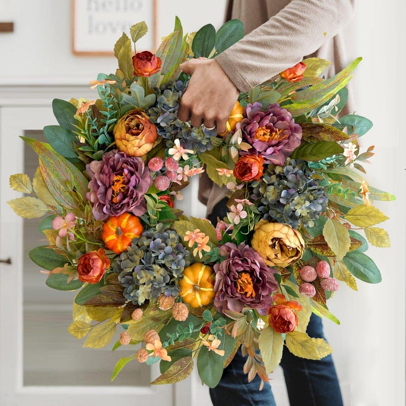 WANNA-CUL 24 Inch Spring Fall Wreaths for Front Door with Blue Hydrangea, Fall Wreath with Purple,Orange Peony-Fall Decoration for Home-Fall Decor Door Wreath for Valentines Day Mothers Day Autumn - Image 5