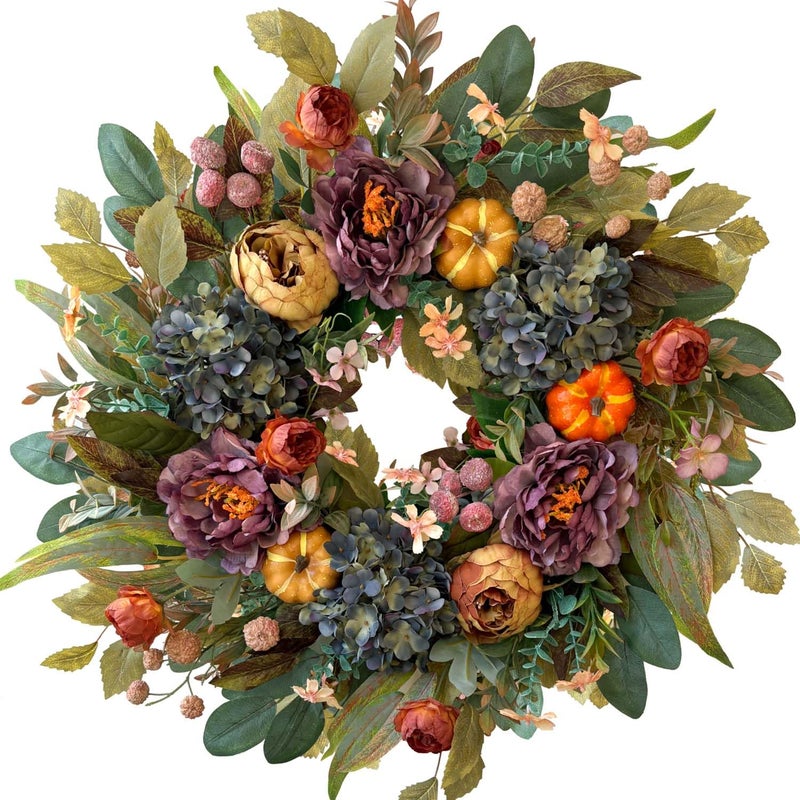 WANNA-CUL 24 Inch Spring Fall Wreaths for Front Door with Blue Hydrangea, Fall Wreath with Purple,Orange Peony-Fall Decoration for Home-Fall Decor Door Wreath for Valentines Day Mothers Day Autumn - Image 1