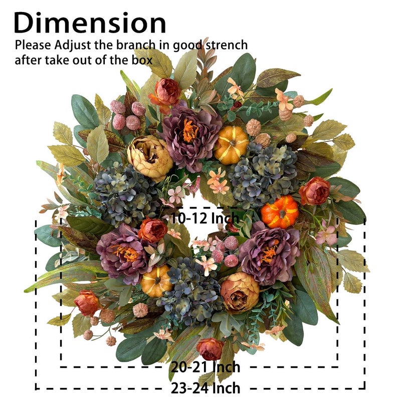 WANNA-CUL 24 Inch Spring Fall Wreaths for Front Door with Blue Hydrangea, Fall Wreath with Purple,Orange Peony-Fall Decoration for Home-Fall Decor Door Wreath for Valentines Day Mothers Day Autumn - Image 2