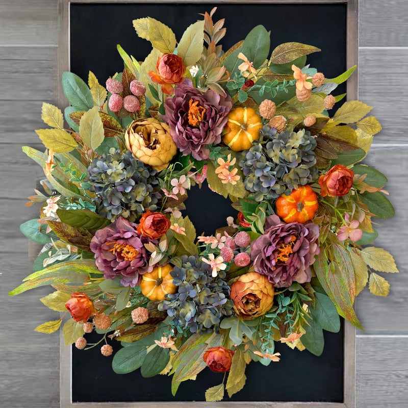 WANNA-CUL 24 Inch Spring Fall Wreaths for Front Door with Blue Hydrangea, Fall Wreath with Purple,Orange Peony-Fall Decoration for Home-Fall Decor Door Wreath for Valentines Day Mothers Day Autumn - Image 3