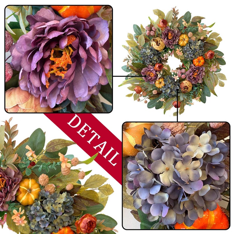 WANNA-CUL 24 Inch Spring Fall Wreaths for Front Door with Blue Hydrangea, Fall Wreath with Purple,Orange Peony-Fall Decoration for Home-Fall Decor Door Wreath for Valentines Day Mothers Day Autumn - Image 4