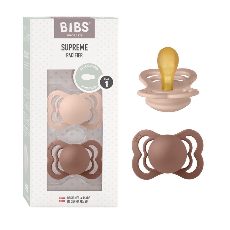 BIBS Supreme Pacifiers 2 Pack | BPA-Free | Symmetrical Nipple| Natural Latex, Made in Denmark | Size 1 (0-6 months (Pack of 2), Woodchuck/Blush