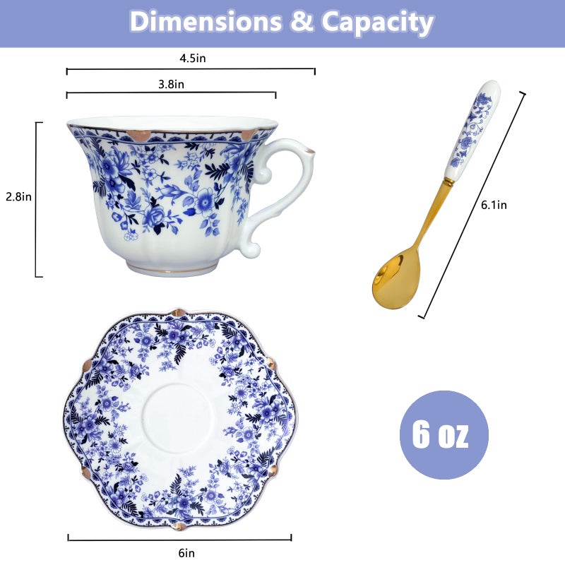Noviko Ceramic Tea Cups and Saucers Set Vintage Floral Teacup for Women (1, Blue) - Image 2