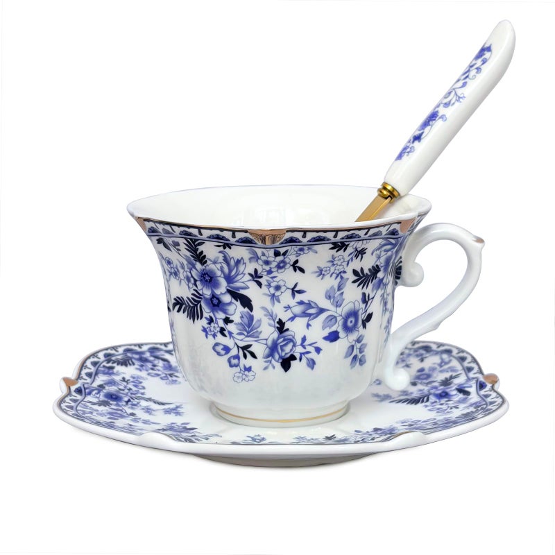 Noviko Ceramic Tea Cups and Saucers Set Vintage Floral Teacup for Women (1, Blue) - Image 1