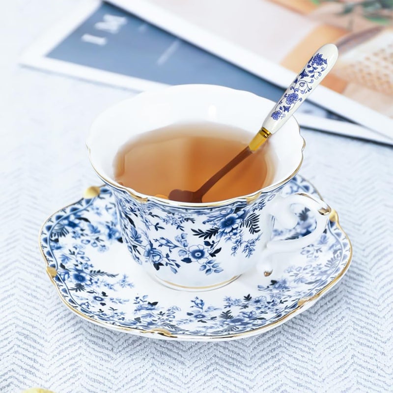 Noviko Ceramic Tea Cups and Saucers Set Vintage Floral Teacup for Women (1, Blue) - Image 3